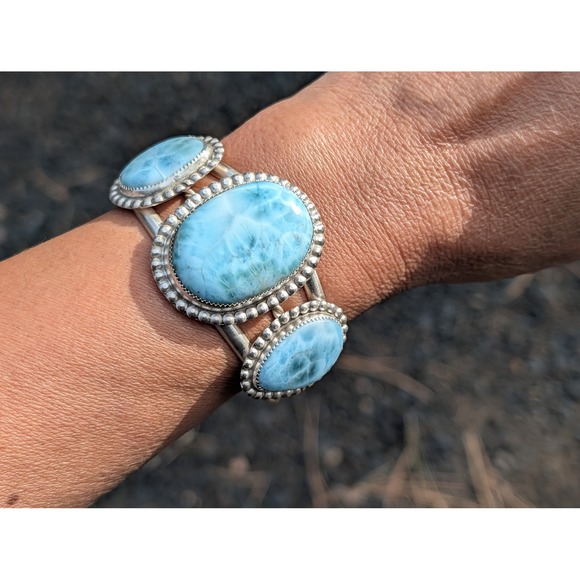 Handmade Larimar Statement Cuff Bracelet in Sterling Silver Unique Jewelry Gift* - Picture 10 of 10
